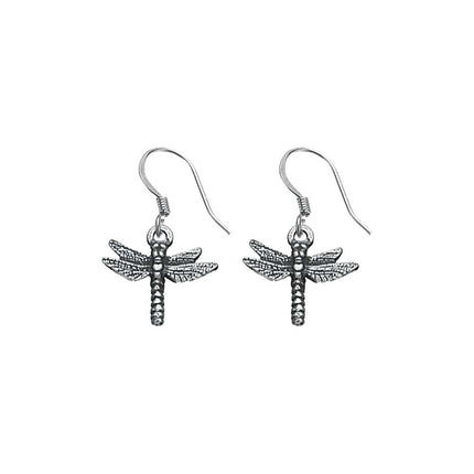 a pair of intricately detailed pewter earrings in the shape of dragonflies