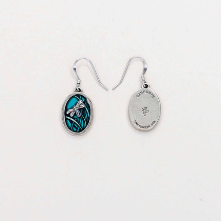 A pair of dragonfly earrings, with one flipped over to reveal the reverse side and the maker’s mark, highlighting fine craftsmanship.