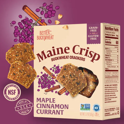 Maine Crisp Maple Cinnamon Currant Crisp box against a currant purple background with images of ingredients