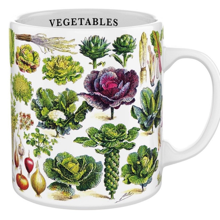 a white coffee mug with wraparound print of illustrations of various types of vegetables