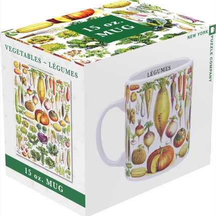 a white gift box that contains the vegetables mug - the box is adorned with the vegetables design and a picture of the mug itself