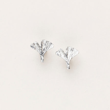 pewter ginkgo leaf stud earrings with intricate hand-crafted detail and high shine silver color