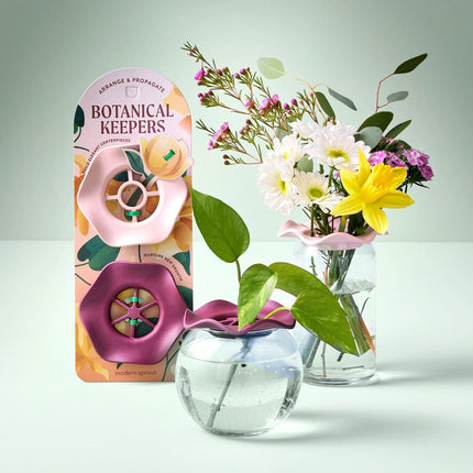 The botanical keepers set in their package next to a glass vase with flowers that are using the botanical keepers aiding in the flower arrangement