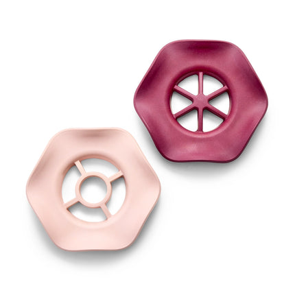 the two botanical keepers on a white background - the light pink one with 5 flower slots and the burgundy one with six flower slots