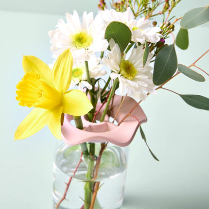 a glass vase filled with daisies and daffodils with the pink botanical keeper atop the vase aiding in the flower arrangement