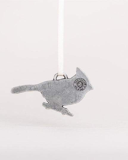 Back view of the Tufted Titmouse Ornament displaying the maker's seal, indicating its handcrafted quality