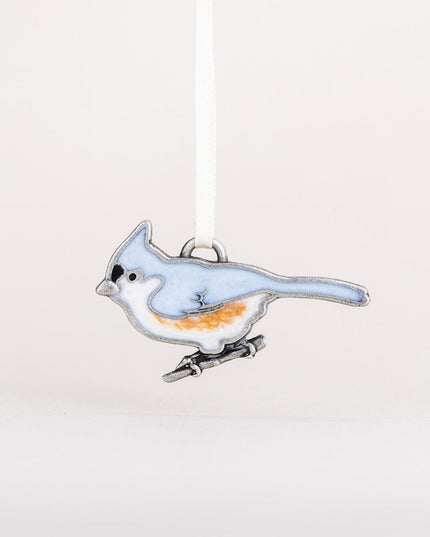 Hand-painted Tufted Titmouse Ornament featuring a blue-gray songbird with large black eyes, beautifully crafted in pewter