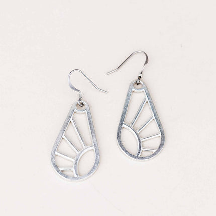 A pair of handcrafted Shine Wire Earrings on a white background, featuring an elegant geometric design inspired by sun rays. Made from pewter with surgical steel wires.