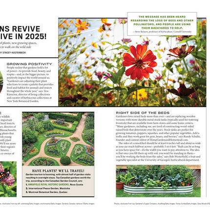 a spread about novel plants and techniques with the text "gardens revive and thrive in 2025!"