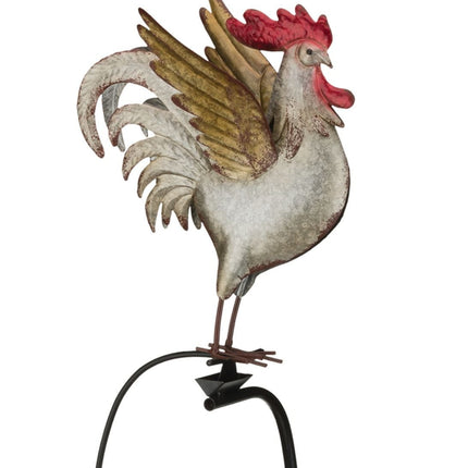 A metal garden stake featuring a colorful rooster with detailed feathers, perched on a rocker that moves in the wind.