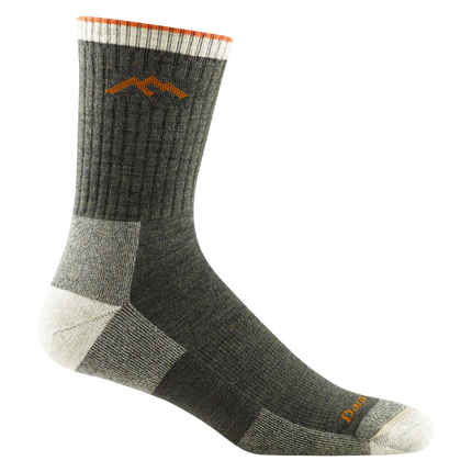 olive green/gray hiking sock with orange logo on a white background
