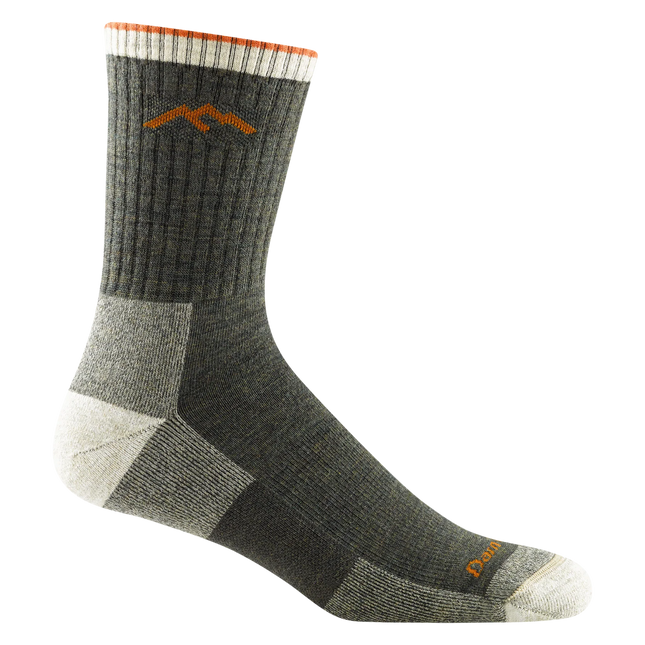 olive green/gray hiking sock with orange logo on a white background