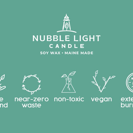a graphic with info about the candle company - made by hand, near-zero waste, non-toxic, vegan, extended burn time