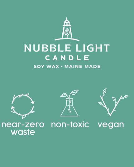 a graphic with info about the candle company - made by hand, near-zero waste, non-toxic, vegan, extended burn time
