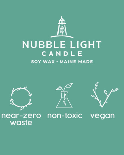 a graphic with info about the candle company - made by hand, near-zero waste, non-toxic, vegan, extended burn time