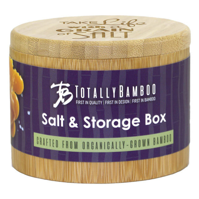 Totally Bamboo salt and storage box, with colorfully illustrated label. Crafted from organically grown bamboo.