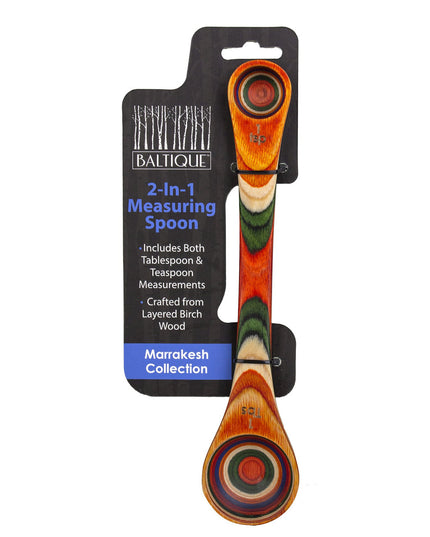 Marrakesh colorful wooden measuring spoon in packaging. With tablespoon on one side and teaspoon on the other end.