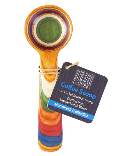 Brightly colored coffee scoop with hang tag. From the Marrakesh collection at Baltique.