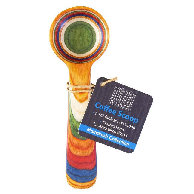 Brightly colored coffee scoop with hang tag. From the Marrakesh collection at Baltique.