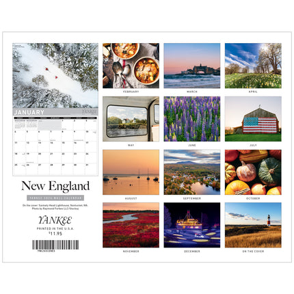 Calendar back cover featuring scenic and lifestyle images of New England with a grid layout.