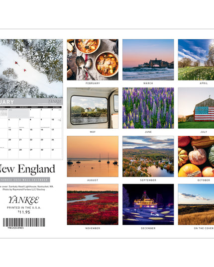 Calendar back cover featuring scenic and lifestyle images of New England with a grid layout.