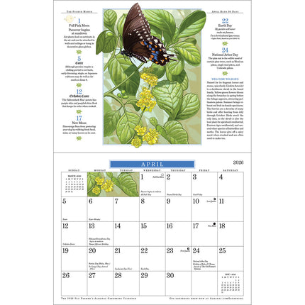 the interior page of the Gardening calendar showing the April page with moon phases, holidays, and beautiful illustration of a butterfly landing on vibrant green spice bush leaves with small yellow blooms