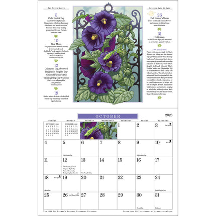 the interior page of the Gardening calendar showing the October page with moon phases, holidays, and an illustration of deep purple blooms growing up an ornate garden trellis