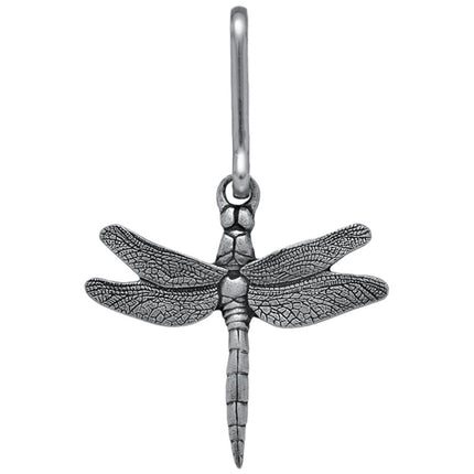 a highly detailed pewter dragonfly zipper pull set against a white background