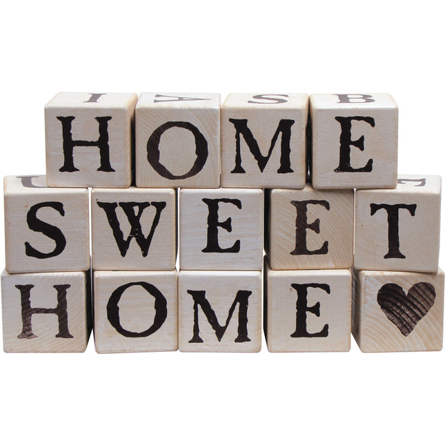 3 rows of stacked blocks spelling out "Home Sweet Home"