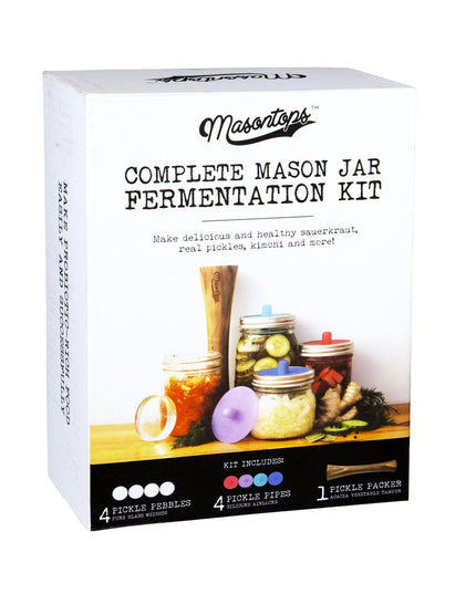 the complete mason jar fermentation toolkit in its packaging with images of the tools inside