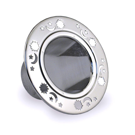 stainless steel mesh tea strainer with stamped sun, moon, and stars pattern around the rim