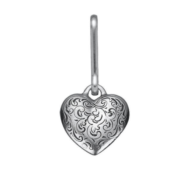 a heart shaped pewter zipper pull with intricate engraved details set against a white background