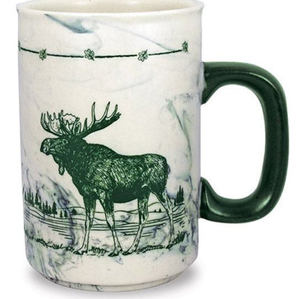 White coffee mug with a moose design,