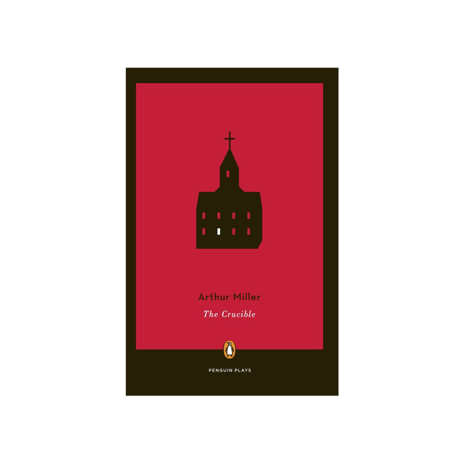 Book cover of 'The Crucible' by Arthur Miller with a red background and black silhouette of a church.
