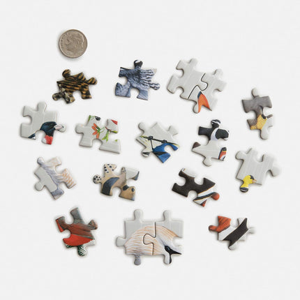Set of puzzle pieces with birds on a white background