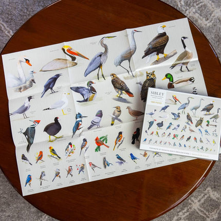 Birding puzzle box on a table overlapping an unfolded poster of the puzzle artwork on a round wood table