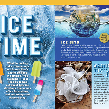 an article titled "Ice Time" with images of ice bits, frost flowers, and popsicles