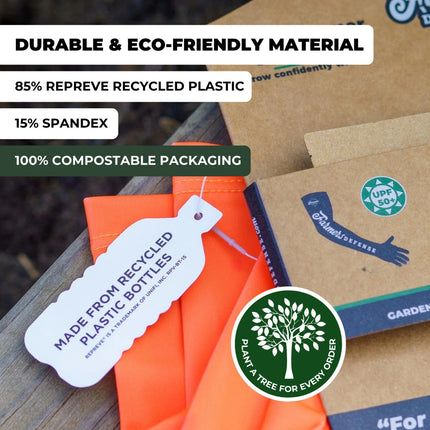 a close up image of some of the packaging for the protection sleeves showing the 100% compostable packaging and die-cut water bottle shaped tag that reads "made from recycled plastic bottles"