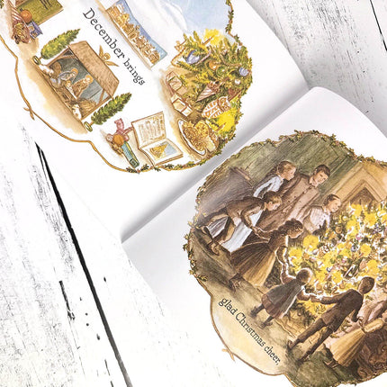 children's book open to an illustration spread with Christmas imagery