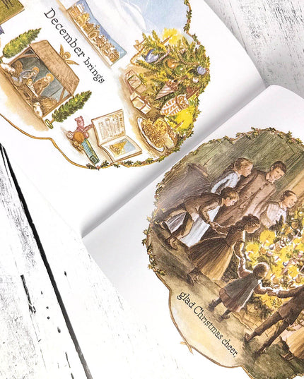 children's book open to an illustration spread with Christmas imagery