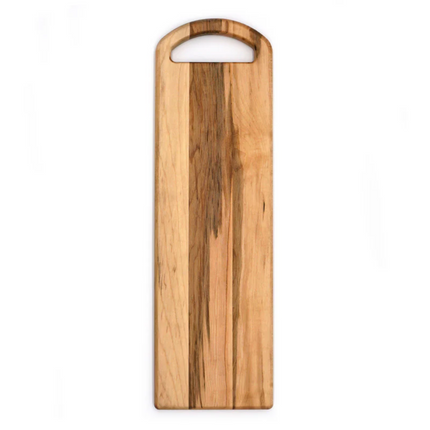 Wooden cutting board with handle on a white background
