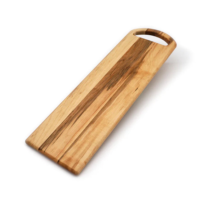 Wooden cutting board with handle on a white background