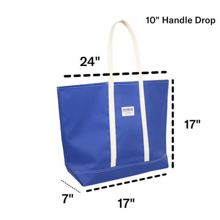 Blue tote bag with measurements on a white background - 10" handle drop, 24" wide at top, 17" wide at bottom, 17" high, 7" gusset