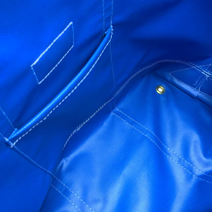 Close-up of tote interior showing blue fabric with stitching details