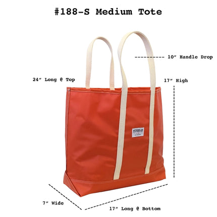 Red tote bag with measurements on a white background - 10" handle drop, 24" wide at top, 17" high, 17" wide at bottom, 7" gusset