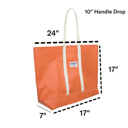 Orange tote bag with measurements on a white background: 10" handle drop, 24" wide, 17" high, 7" gusset, 17" wide at the bottom