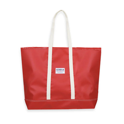 Red tote bag with white handles on a white background