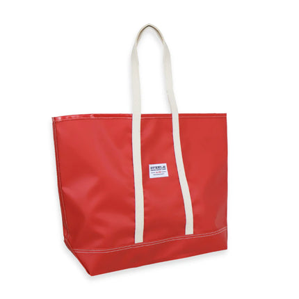 Red tote bag with white handles on a white background