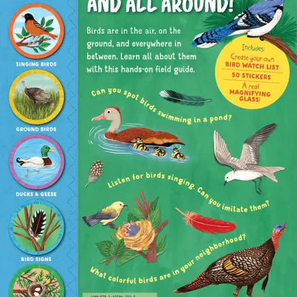 the back cover of the book with synopsis and illustrations of birds