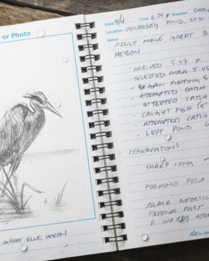 close up of an interior page of the birder's journal filled with notes in pencil alongside a sketch of a bird